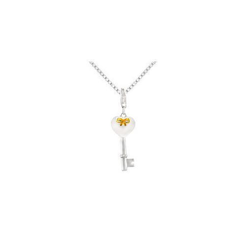 Sterling Silver with Yellow Plated Bow Key & Heart Charm Pendant - 24.30 X 10.86 MM-JewelryKorner-com