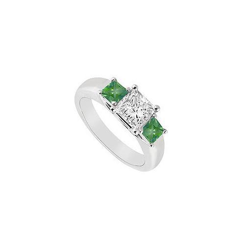 Three Stone Diamond and Emerald Ring : 14K White Gold - 0.50 CT TGW-JewelryKorner-com