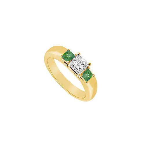 Three Stone Diamond and Emerald Ring : 14K Yellow Gold - 0.25 CT TGW-JewelryKorner-com