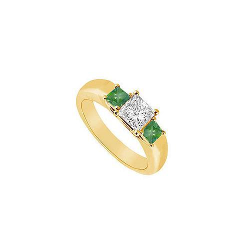 Three Stone Diamond and Emerald Ring : 14K Yellow Gold - 0.33 CT TGW-JewelryKorner-com