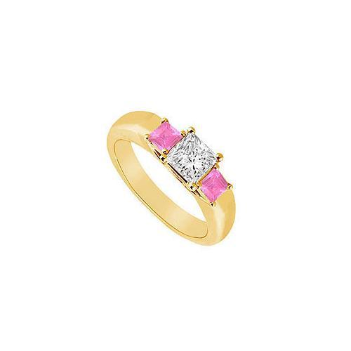 Three Stone Diamond and Pink Sapphire Ring : 14K Yellow Gold - 0.33 CT TGW-JewelryKorner-com