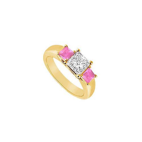 Three Stone Diamond and Pink Sapphire Ring : 14K Yellow Gold - 0.50 CT TGW-JewelryKorner-com