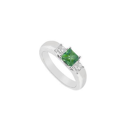 Three Stone Emerald and Diamond Ring : 14K White Gold - 0.25 CT TGW-JewelryKorner-com
