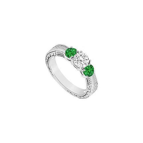 Three Stone Emerald and Diamond Ring : 14K White Gold - 0.33 CT TGW-JewelryKorner-com