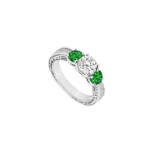 Three Stone Emerald and Diamond Ring : 14K White Gold - 0.75 CT TGW-JewelryKorner-com