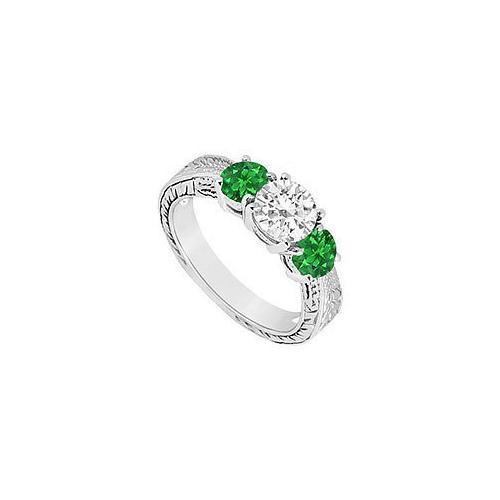 Three Stone Emerald and Diamond Ring : 14K White Gold - 1.00 CT TGW-JewelryKorner-com