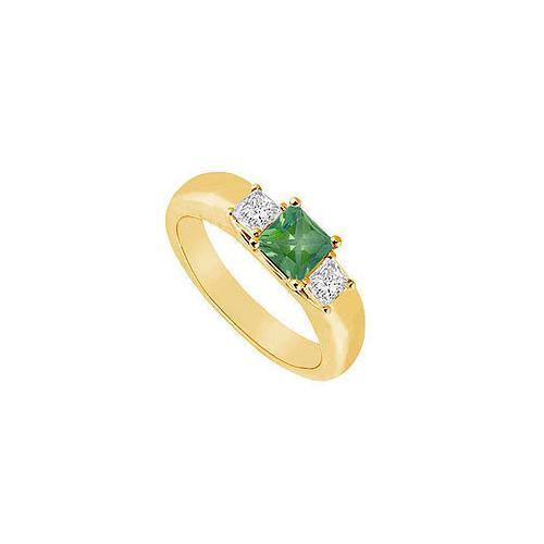 Three Stone Emerald and Diamond Ring : 14K Yellow Gold - 0.25 CT TGW-JewelryKorner-com