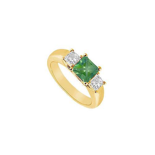 Three Stone Emerald and Diamond Ring : 14K Yellow Gold - 0.50 CT TGW-JewelryKorner-com