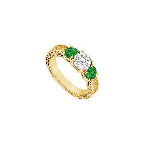 Three Stone Emerald and Diamond Ring : 14K Yellow Gold - 0.75 CT TGW-JewelryKorner-com
