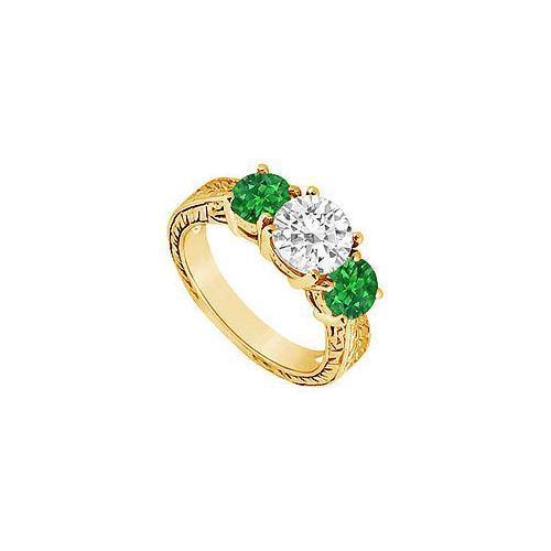 Three Stone Emerald and Diamond Ring : 14K Yellow Gold - 1.50 CT TGW-JewelryKorner-com