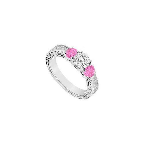 Three Stone Pink Sapphire and Diamond Ring : 14K White Gold - 0.33 CT TGW-JewelryKorner-com