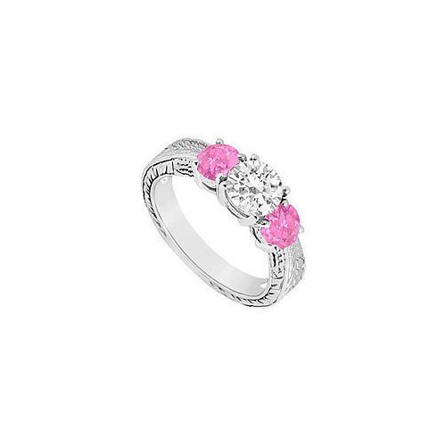 Three Stone Pink Sapphire and Diamond Ring : 14K White Gold - 1.00 CT TGW-JewelryKorner-com