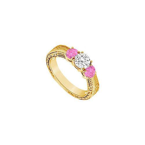 Three Stone Pink Sapphire and Diamond Ring : 14K Yellow Gold - 0.33 CT TGW-JewelryKorner-com