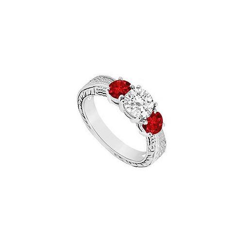 Three Stone Ruby and Diamond Ring : 14K White Gold - 0.75 CT TGW-JewelryKorner-com