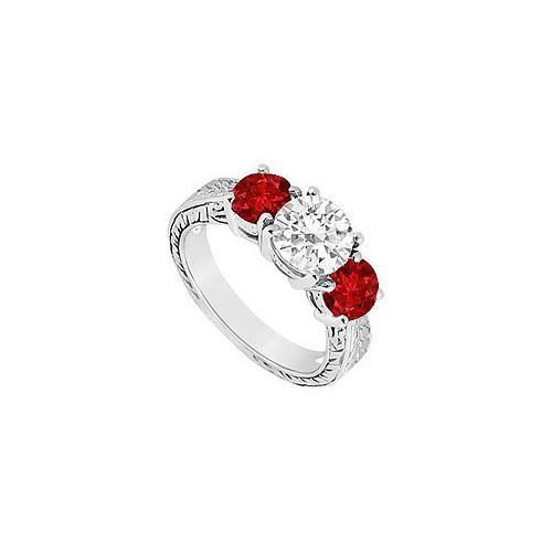 Three Stone Ruby and Diamond Ring : 14K White Gold - 1.50 CT TGW-JewelryKorner-com