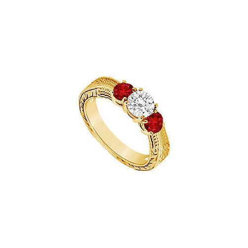 Three Stone Ruby and Diamond Ring : 14K Yellow Gold - 0.33 CT TGW-JewelryKorner-com