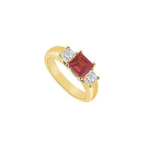 Three Stone Ruby and Diamond Ring : 14K Yellow Gold - 0.50 CT TGW-JewelryKorner-com
