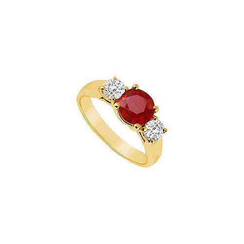 Three Stone Ruby and Diamond Ring : 14K Yellow Gold - 0.50 CT TGW-JewelryKorner-com