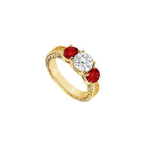 Three Stone Ruby and Diamond Ring : 14K Yellow Gold - 1.25 CT TGW-JewelryKorner-com