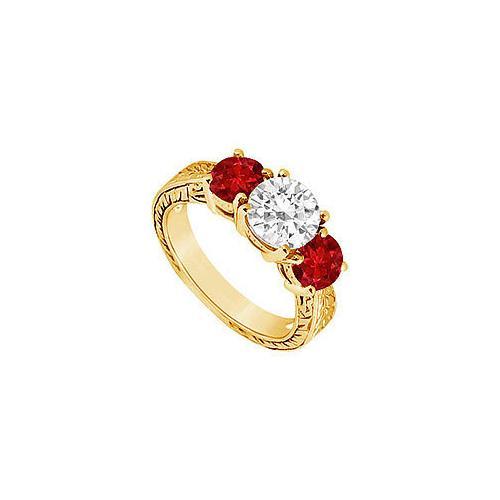 Three Stone Ruby and Diamond Ring : 14K Yellow Gold - 1.50 CT TGW-JewelryKorner-com