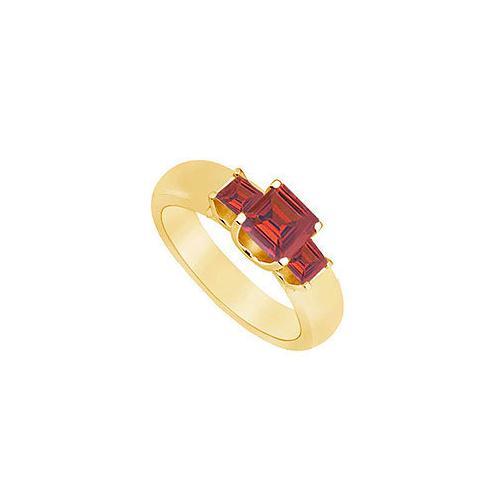Three Stone Ruby Ring : 14K Yellow Gold - 0.75 CT TGW-JewelryKorner-com