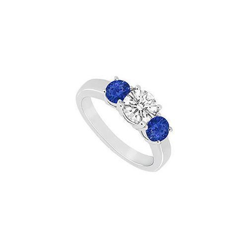 Three Stone Sapphire and Diamond Ring : 14K White Gold - 0.75 CT TGW-JewelryKorner-com