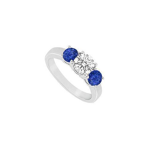 Three Stone Sapphire and Diamond Ring : 14K White Gold - 1.00 CT TGW-JewelryKorner-com