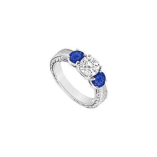 Three Stone Sapphire and Diamond Ring : 14K White Gold - 1.00 CT TGW-JewelryKorner-com