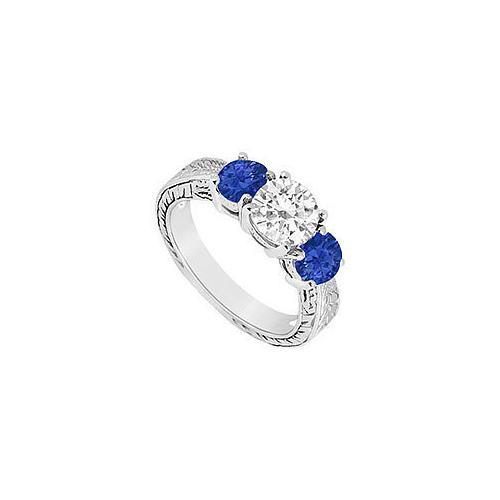Three Stone Sapphire and Diamond Ring : 14K White Gold - 1.25 CT TGW-JewelryKorner-com