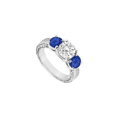 Three Stone Sapphire and Diamond Ring : 14K White Gold - 1.50 CT TGW-JewelryKorner-com