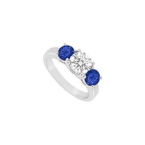 Three Stone Sapphire and Diamond Ring : 14K White Gold - 1.50 CT TGW-JewelryKorner-com