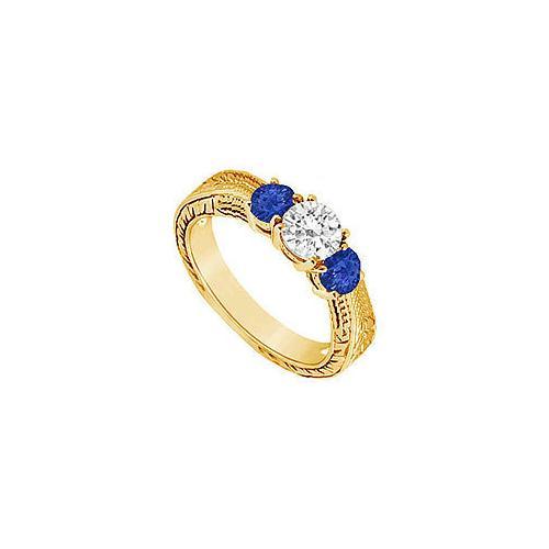 Three Stone Sapphire and Diamond Ring : 14K Yellow Gold - 0.33 CT TGW-JewelryKorner-com