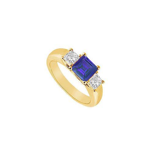 Three Stone Sapphire and Diamond Ring : 14K Yellow Gold - 0.50 CT TGW-JewelryKorner-com