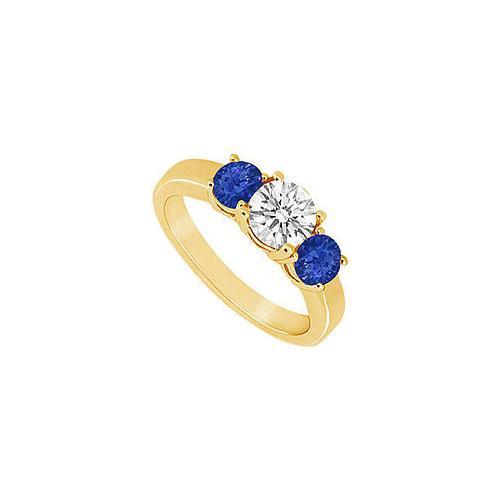 Three Stone Sapphire and Diamond Ring : 14K Yellow Gold - 0.75 CT TGW-JewelryKorner-com