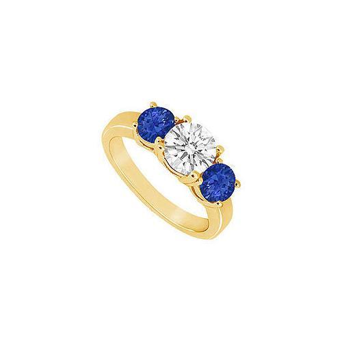 Three Stone Sapphire and Diamond Ring : 14K Yellow Gold - 1.50 CT TGW-JewelryKorner-com