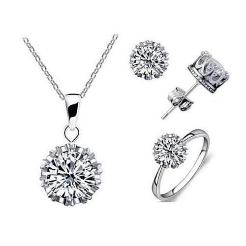 Tiara Set Of 4 Necklace Pendant Ring And Stud Earrings In Silver Plated Crown Setting-JewelryKorner-com