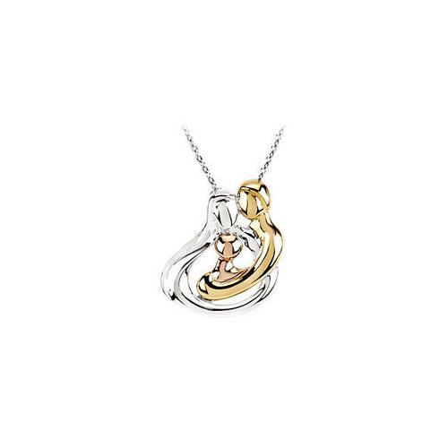 Tri-Color Sterling Silver Embraced by the Heart (1 Child ) Family Necklace - 25.25 MM X 19.5 MM-JewelryKorner-com