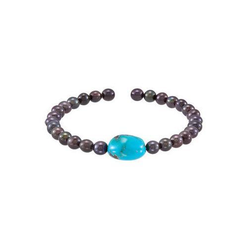 Turquoise & Black Cultured Freshwater Pearl Cuff 7.5 Inch Bracelet - .925 Sterling Silver-JewelryKorner-com