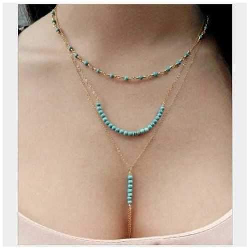 Turquoise Trinket Three Layered Necklace-JewelryKorner-com