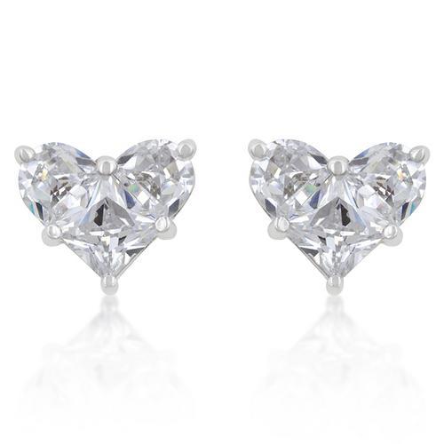 White Cubic Zirconia Heart Stud Earrings-JewelryKorner-com