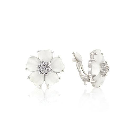 White Flower Nouveau Clip Earrings-JewelryKorner-com